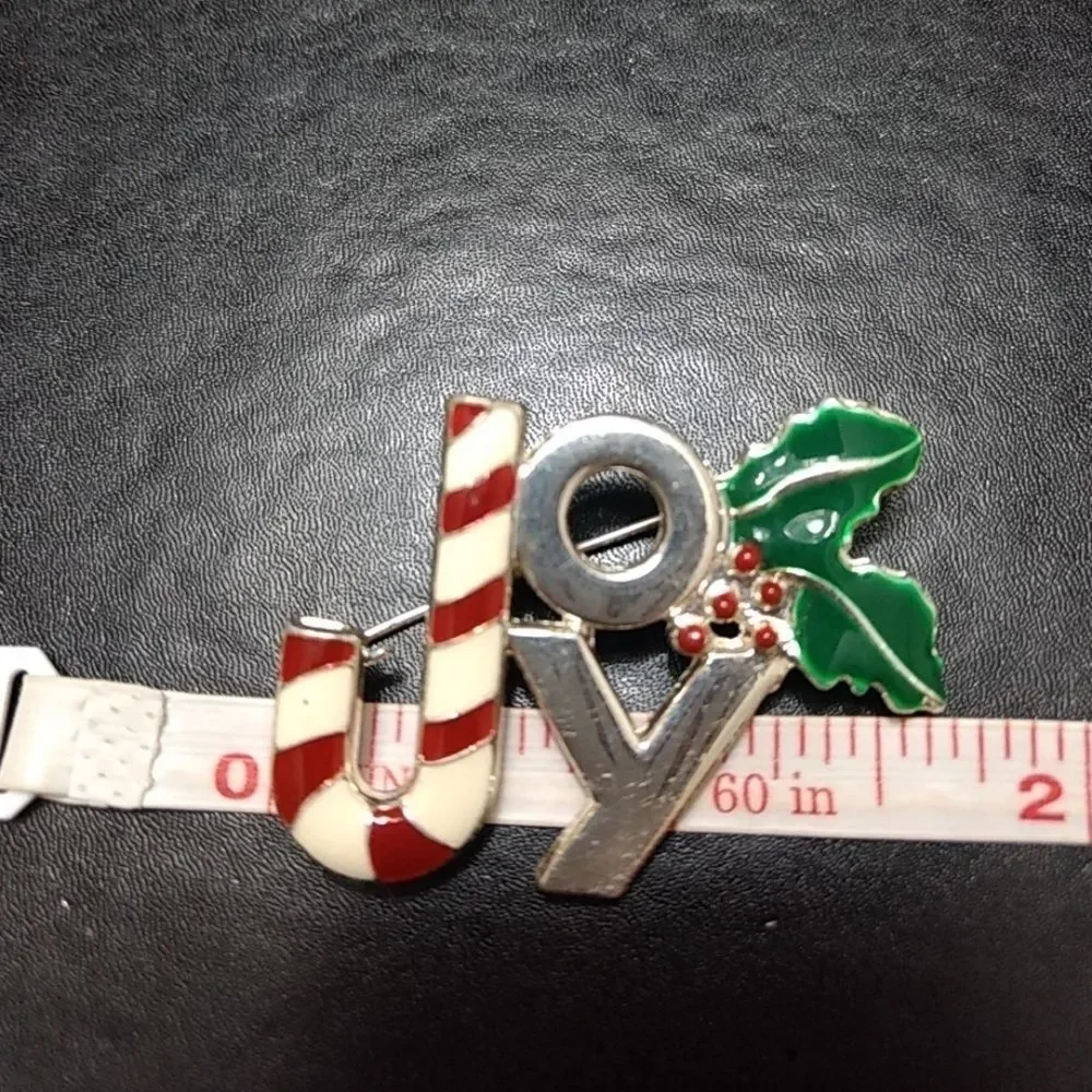 Silver tone joy brooch Candy Cane Holly Red Green